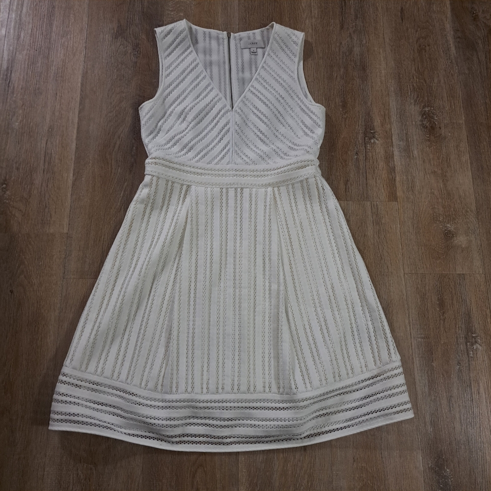 J. Crew White Perforated Striped Lined Sleeveless Dress Women's Size 8 NWOT